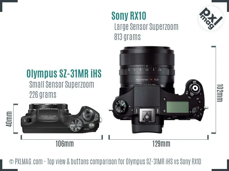 Olympus SZ-31MR iHS vs Sony RX10 top view buttons comparison