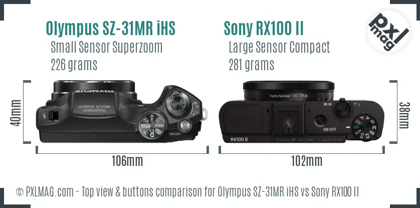 Olympus SZ-31MR iHS vs Sony RX100 II top view buttons comparison