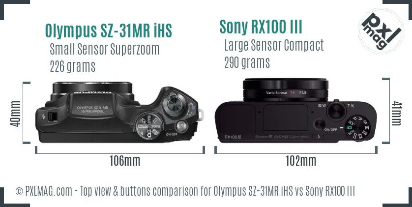 Olympus SZ-31MR iHS vs Sony RX100 III top view buttons comparison