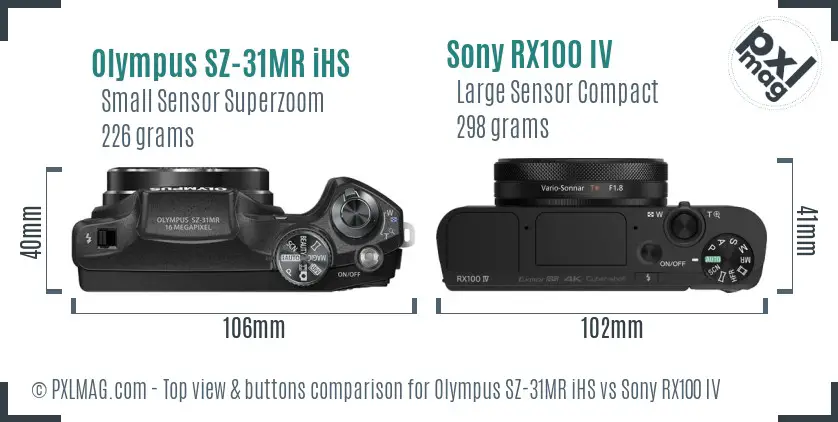 Olympus SZ-31MR iHS vs Sony RX100 IV top view buttons comparison