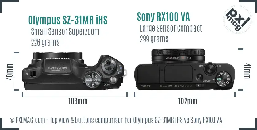 Olympus SZ-31MR iHS vs Sony RX100 VA top view buttons comparison