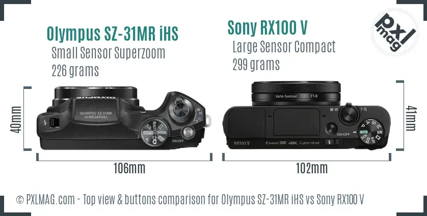Olympus SZ-31MR iHS vs Sony RX100 V top view buttons comparison