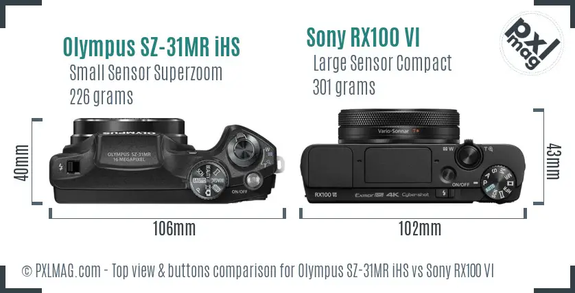 Olympus SZ-31MR iHS vs Sony RX100 VI top view buttons comparison