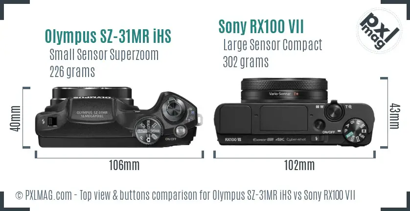 Olympus SZ-31MR iHS vs Sony RX100 VII top view buttons comparison