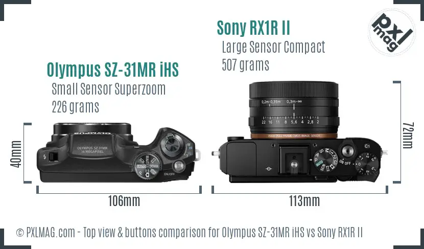 Olympus SZ-31MR iHS vs Sony RX1R II top view buttons comparison