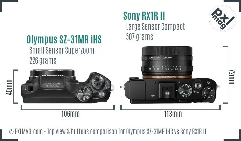 Olympus SZ-31MR iHS vs Sony RX1R II top view buttons comparison Olympus SZ-31MR iHS vs Sony RX1R II top view buttons comparison