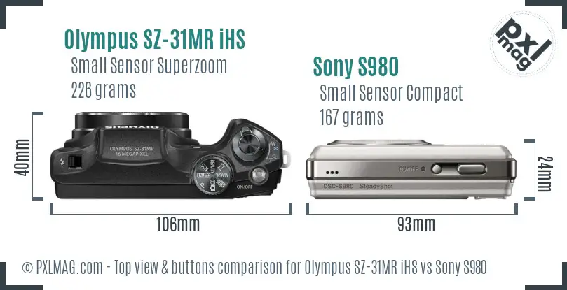 Olympus SZ-31MR iHS vs Sony S980 top view buttons comparison