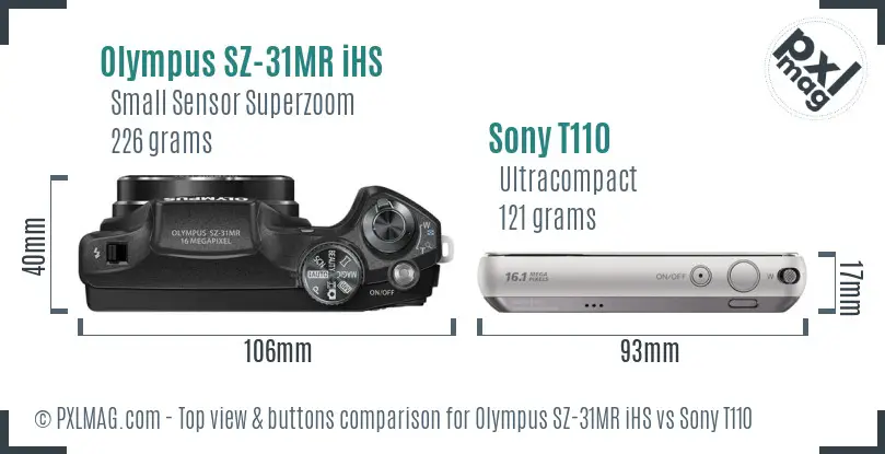 Olympus SZ-31MR iHS vs Sony T110 top view buttons comparison
