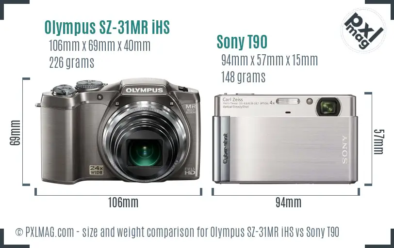 Olympus SZ-31MR iHS vs Sony T90 size comparison