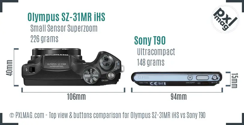 Olympus SZ-31MR iHS vs Sony T90 top view buttons comparison