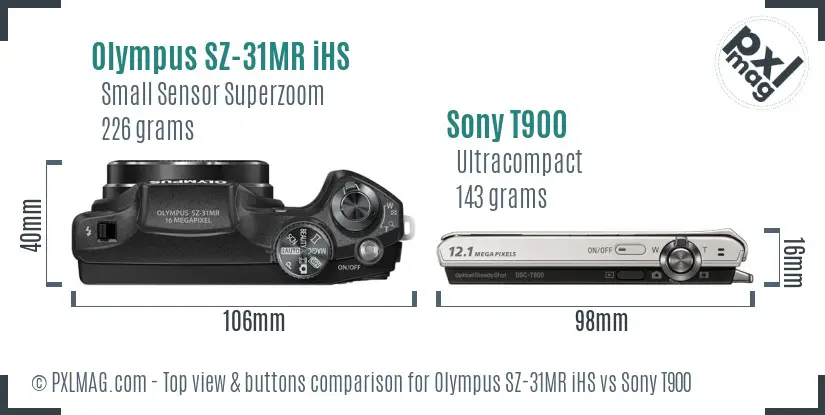 Olympus SZ-31MR iHS vs Sony T900 top view buttons comparison