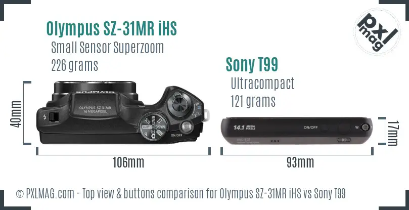 Olympus SZ-31MR iHS vs Sony T99 top view buttons comparison