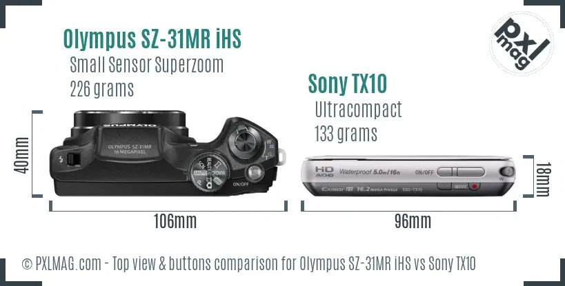 Olympus SZ-31MR iHS vs Sony TX10 top view buttons comparison