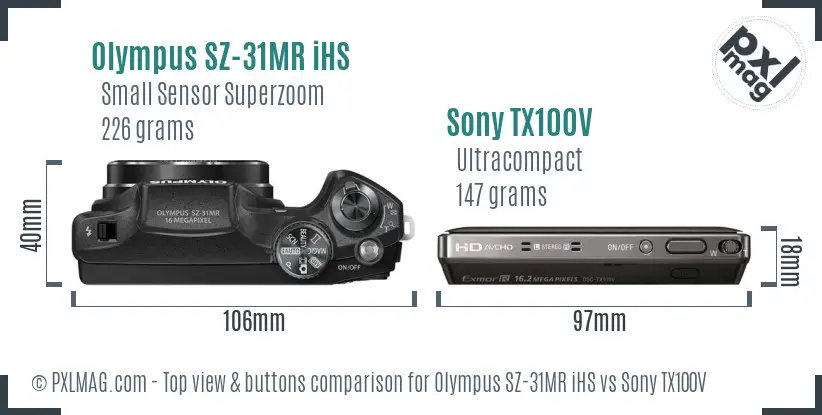 Olympus SZ-31MR iHS vs Sony TX100V top view buttons comparison