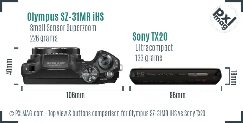 Olympus SZ-31MR iHS vs Sony TX20 top view buttons comparison