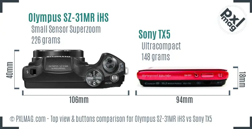 Olympus SZ-31MR iHS vs Sony TX5 top view buttons comparison