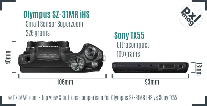 Olympus SZ-31MR iHS vs Sony TX55 top view buttons comparison