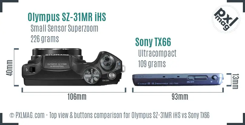 Olympus SZ-31MR iHS vs Sony TX66 top view buttons comparison