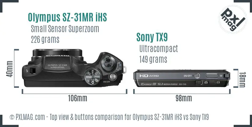 Olympus SZ-31MR iHS vs Sony TX9 top view buttons comparison