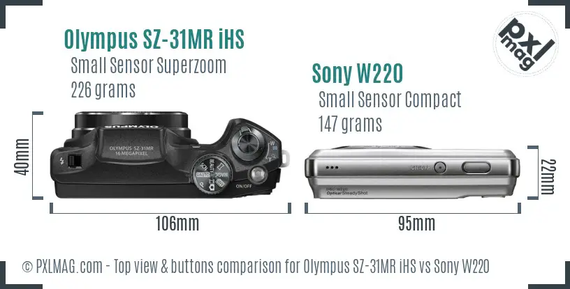 Olympus SZ-31MR iHS vs Sony W220 top view buttons comparison