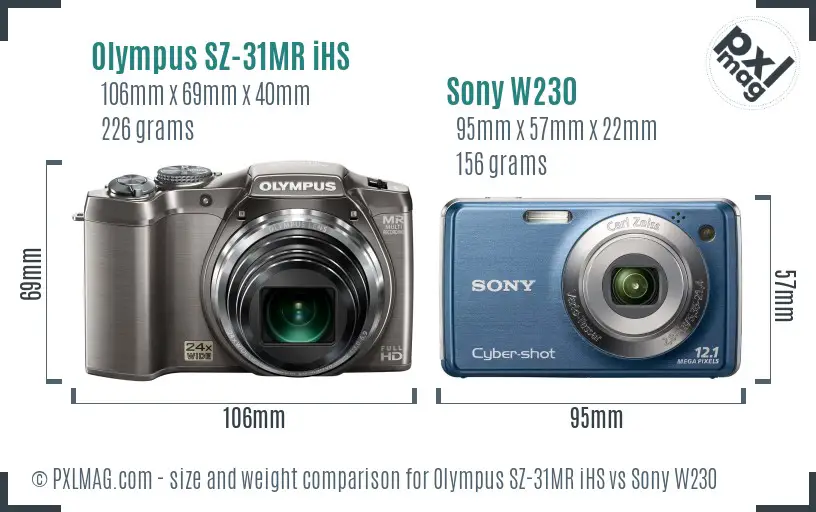Olympus SZ-31MR iHS vs Sony W230 size comparison