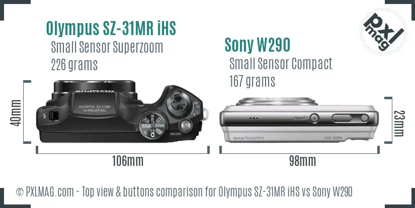 Olympus SZ-31MR iHS vs Sony W290 top view buttons comparison