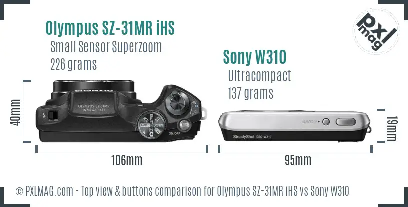 Olympus SZ-31MR iHS vs Sony W310 top view buttons comparison