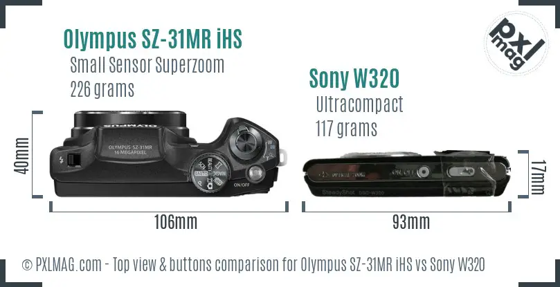 Olympus SZ-31MR iHS vs Sony W320 top view buttons comparison