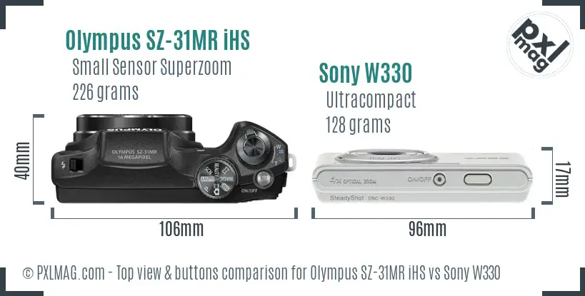 Olympus SZ-31MR iHS vs Sony W330 top view buttons comparison