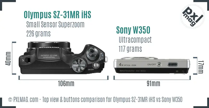 Olympus SZ-31MR iHS vs Sony W350 top view buttons comparison