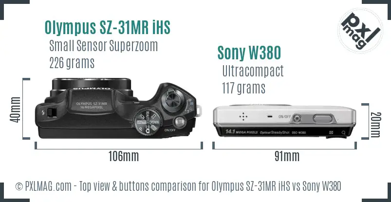 Olympus SZ-31MR iHS vs Sony W380 top view buttons comparison