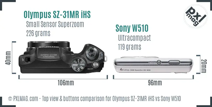 Olympus SZ-31MR iHS vs Sony W510 top view buttons comparison