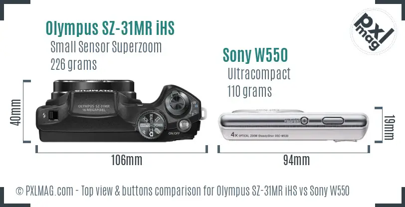 Olympus SZ-31MR iHS vs Sony W550 top view buttons comparison