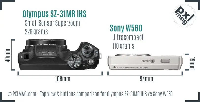 Olympus SZ-31MR iHS vs Sony W560 top view buttons comparison