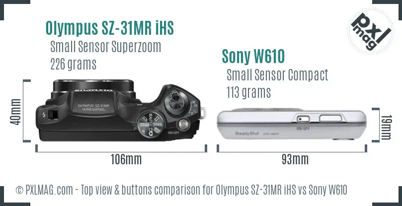 Olympus SZ-31MR iHS vs Sony W610 top view buttons comparison