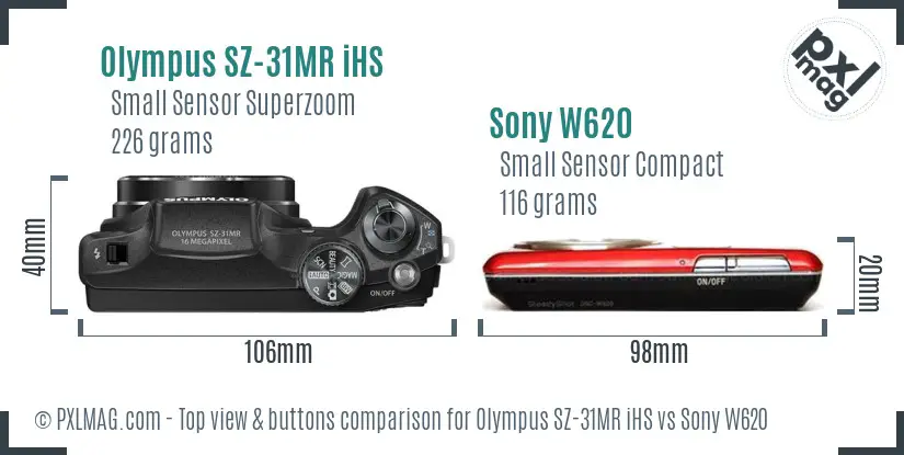 Olympus SZ-31MR iHS vs Sony W620 top view buttons comparison