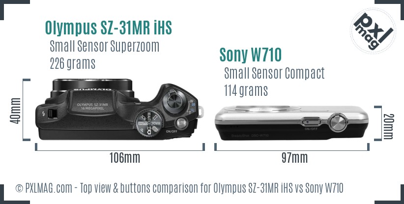 Olympus SZ-31MR iHS vs Sony W710 top view buttons comparison