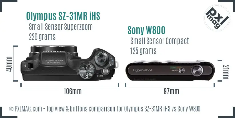 Olympus SZ-31MR iHS vs Sony W800 top view buttons comparison