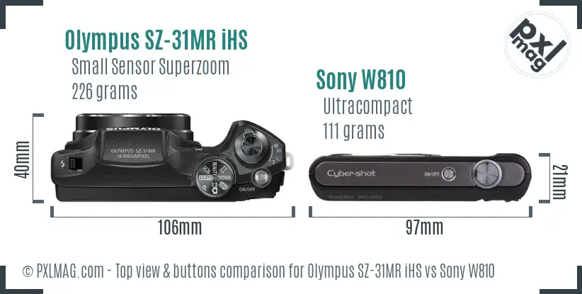 Olympus SZ-31MR iHS vs Sony W810 top view buttons comparison