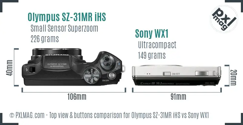 Olympus SZ-31MR iHS vs Sony WX1 top view buttons comparison
