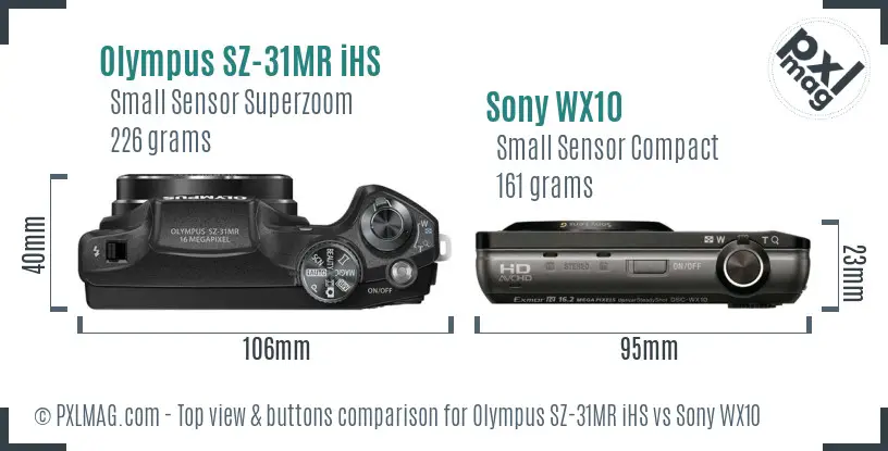 Olympus SZ-31MR iHS vs Sony WX10 top view buttons comparison