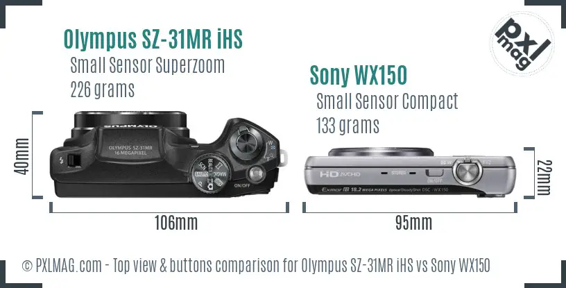 Olympus SZ-31MR iHS vs Sony WX150 top view buttons comparison