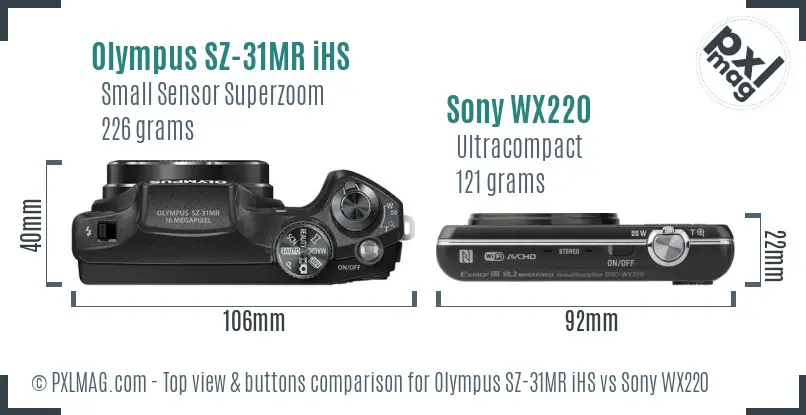 Olympus SZ-31MR iHS vs Sony WX220 top view buttons comparison