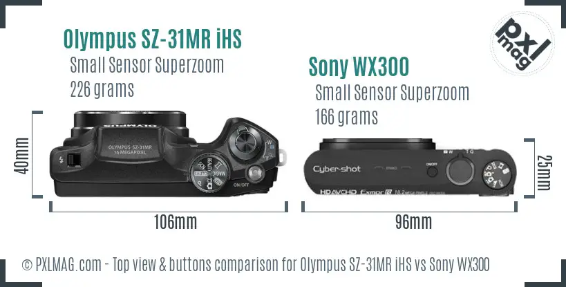 Olympus SZ-31MR iHS vs Sony WX300 top view buttons comparison