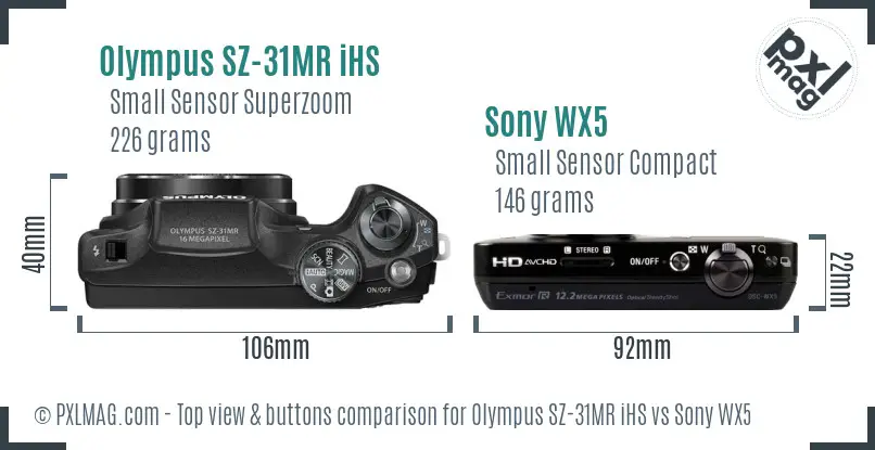 Olympus SZ-31MR iHS vs Sony WX5 top view buttons comparison