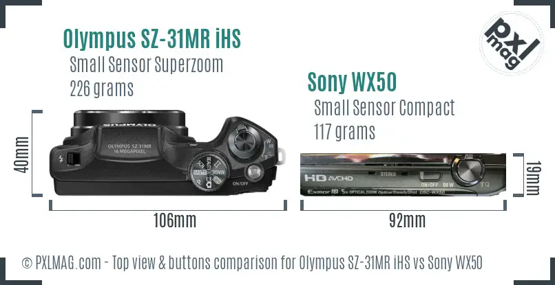 Olympus SZ-31MR iHS vs Sony WX50 top view buttons comparison