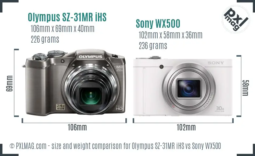 Olympus SZ-31MR iHS vs Sony WX500 size comparison