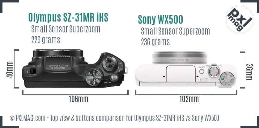 Olympus SZ-31MR iHS vs Sony WX500 top view buttons comparison