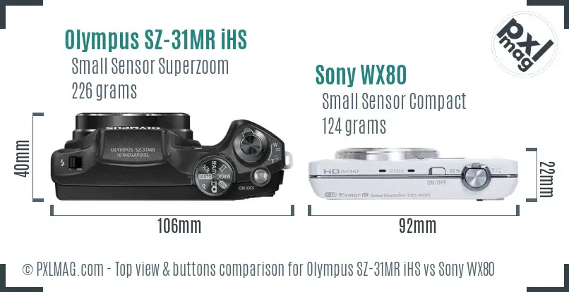 Olympus SZ-31MR iHS vs Sony WX80 top view buttons comparison