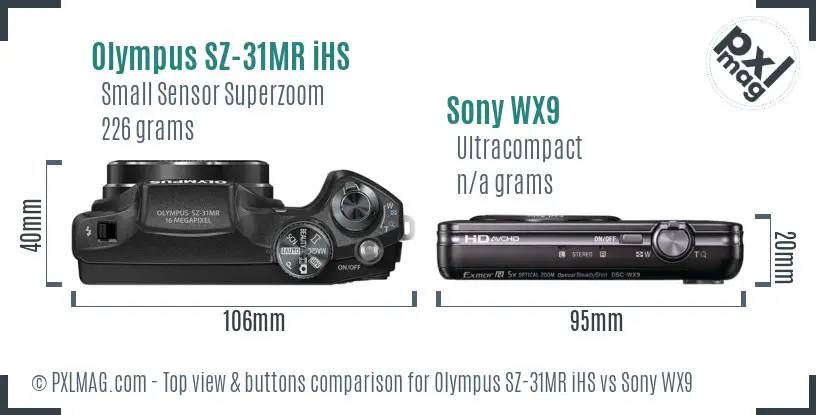 Olympus SZ-31MR iHS vs Sony WX9 top view buttons comparison